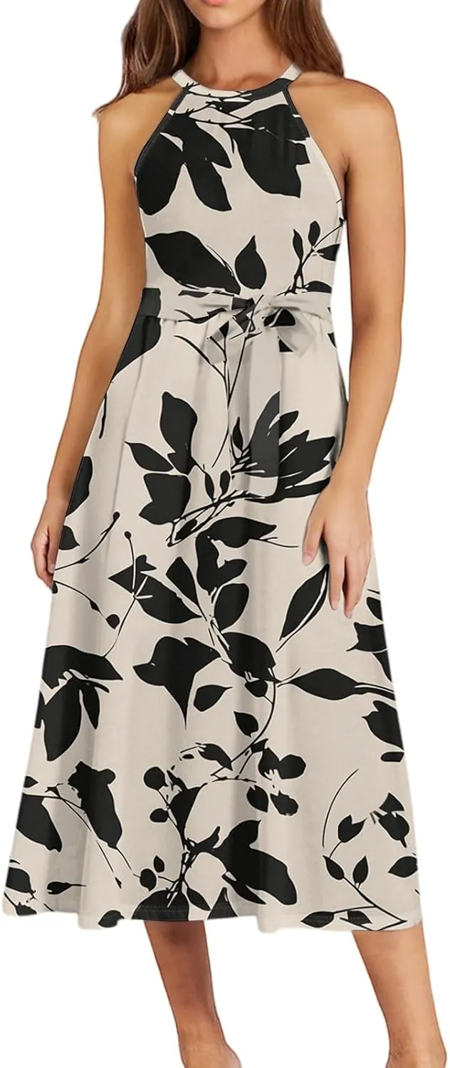 Summer Midi Halter Floral Dresses for Women 2025 Vacation Sleeveless Flowy A Line Sundress Tie Empire Waist Frocks
