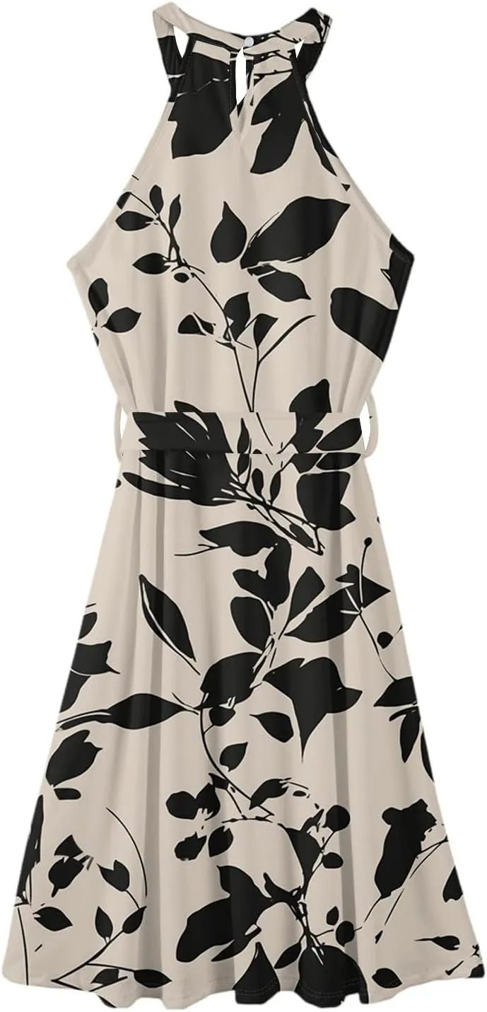 Summer Midi Halter Floral Dresses for Women 2025 Vacation Sleeveless Flowy A Line Sundress Tie Empire Waist Frocks