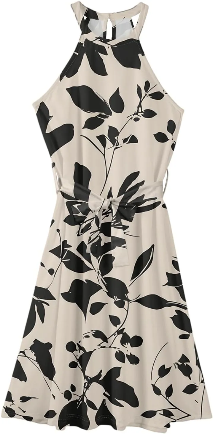 Summer Midi Halter Floral Dresses for Women 2025 Vacation Sleeveless Flowy A Line Sundress Tie Empire Waist Frocks