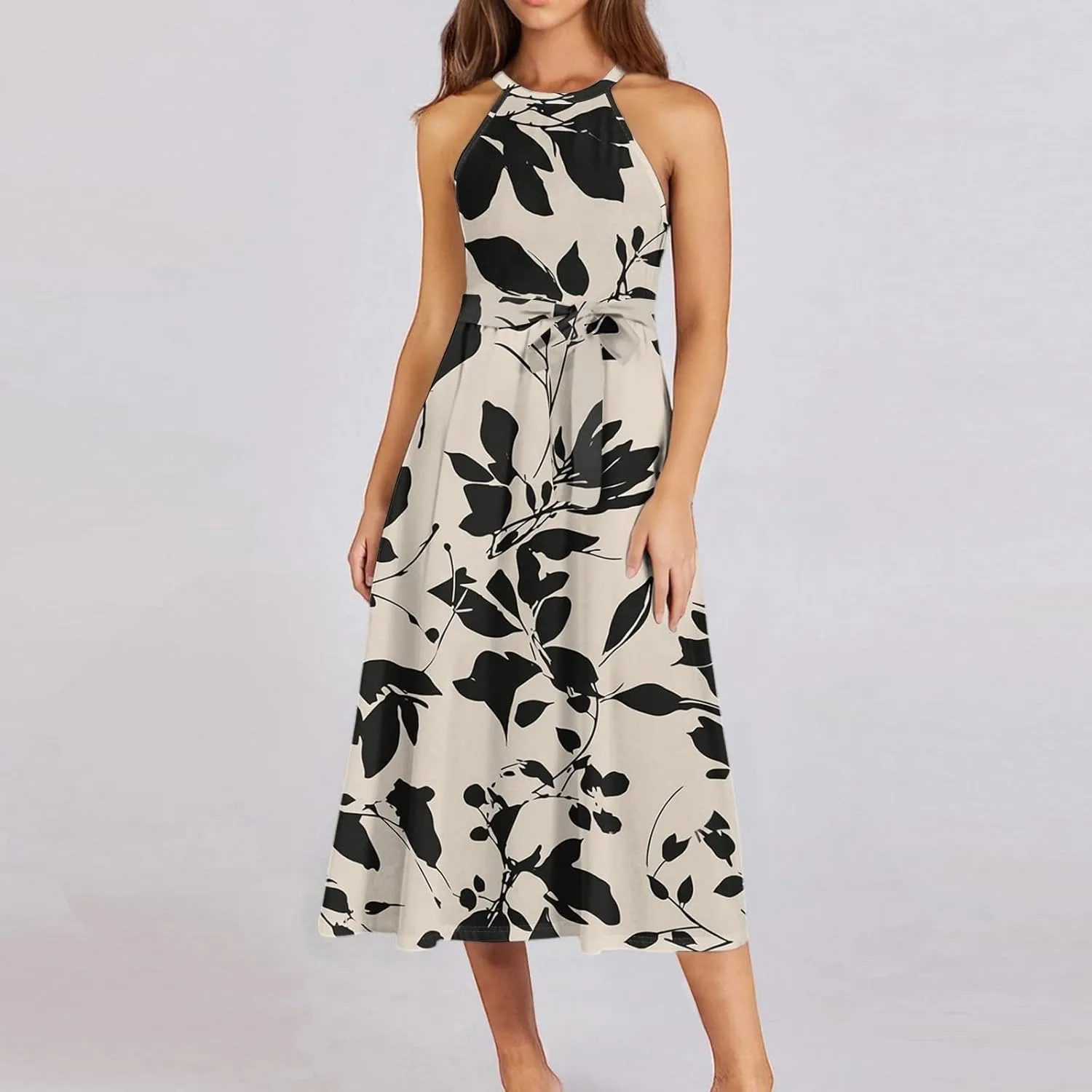 Summer Midi Halter Floral Dresses for Women 2025 Vacation Sleeveless Flowy A Line Sundress Tie Empire Waist Frocks