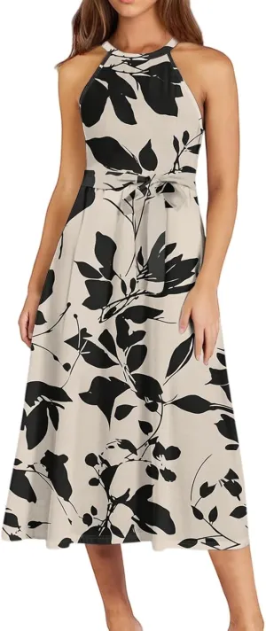 Summer Midi Halter Floral Dresses for Women 2025 Vacation Sleeveless Flowy A Line Sundress Tie Empire Waist Frocks