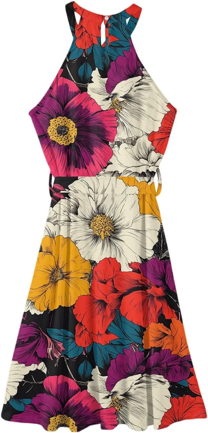 Summer Midi Halter Floral Dresses for Women 2025 Vacation Tie Empire Waist Sleeveless Flowy A Line Sundress Frocks