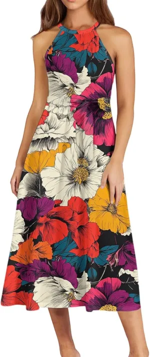 Summer Midi Halter Floral Dresses for Women 2025 Vacation Tie Empire Waist Sleeveless Flowy A Line Sundress Frocks