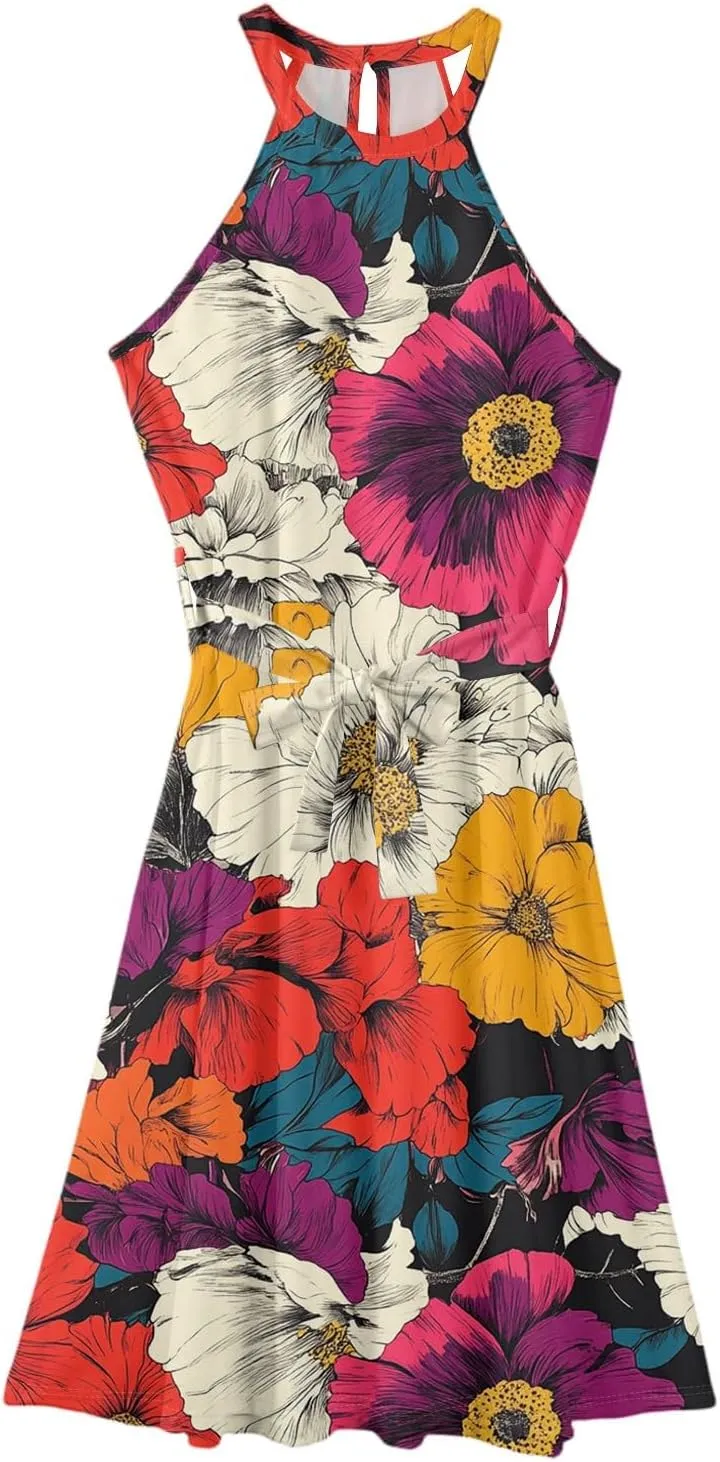 Summer Midi Halter Floral Dresses for Women 2025 Vacation Tie Empire Waist Sleeveless Flowy A Line Sundress Frocks