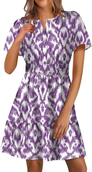 Summer Mini Dresses for Women Casual V Neck Short Sleeve Dress Loose Fit Tunic Tiered Ruffle Hem A-Line Sundress
