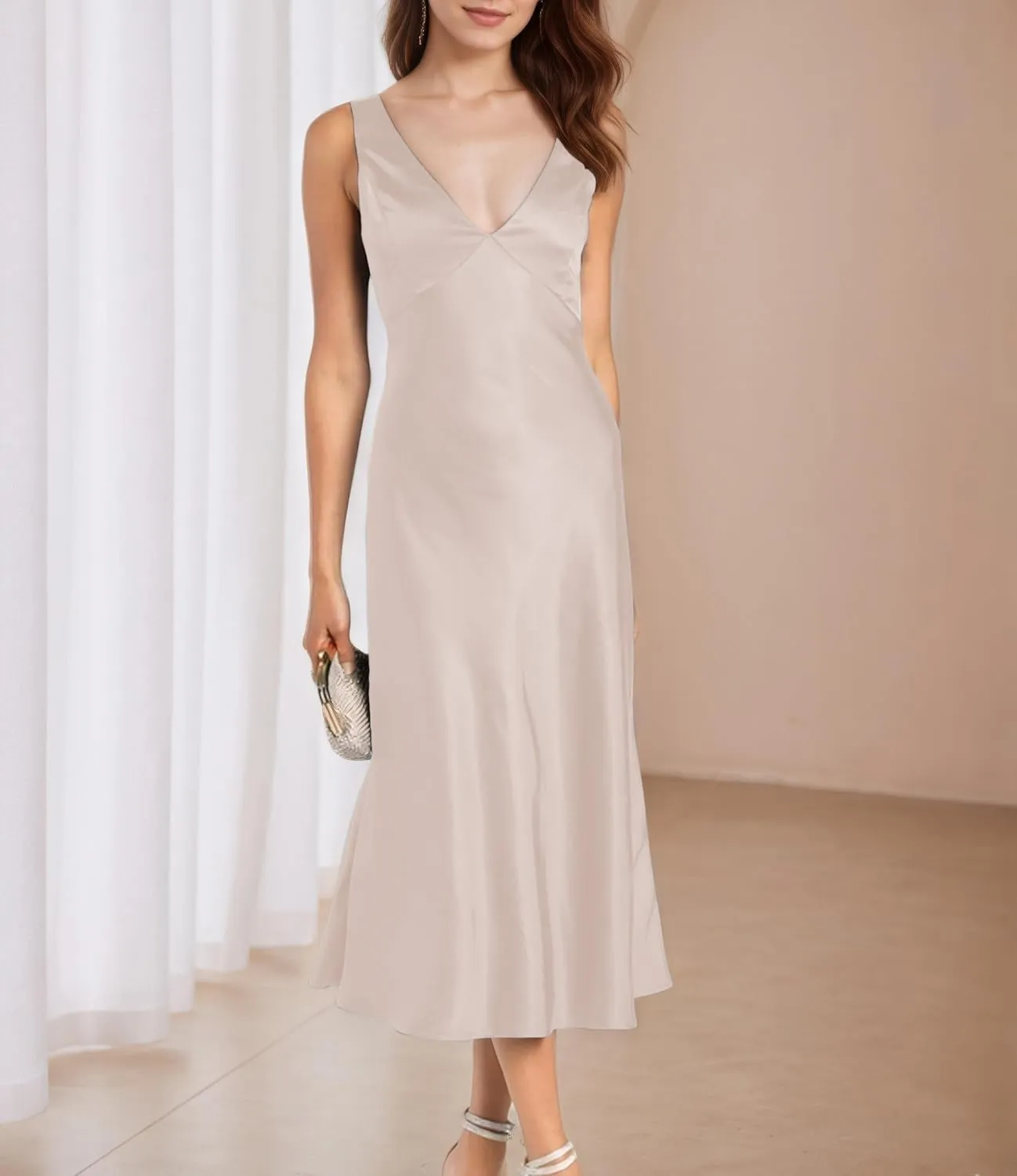 Summer Satin V Neck Backless Midi Dresses for Women 2025 Silky A line Formal Low Back Sleeveless Wedding Guest Long Dress