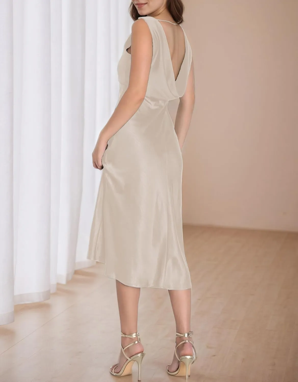 Summer Satin V Neck Backless Midi Dresses for Women 2025 Silky A line Formal Low Back Sleeveless Wedding Guest Long Dress