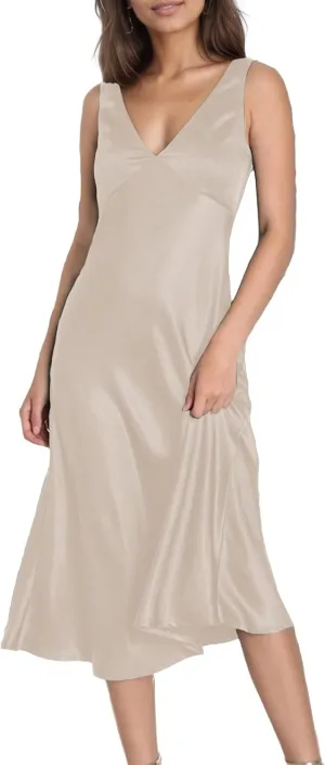 Summer Satin V Neck Backless Midi Dresses for Women 2025 Silky A line Formal Low Back Sleeveless Wedding Guest Long Dress