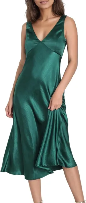 Summer Satin V Neck Backless Midi Dresses for Women 2025 Silky A line Formal Low Back Sleeveless Wedding Guest Long Dress