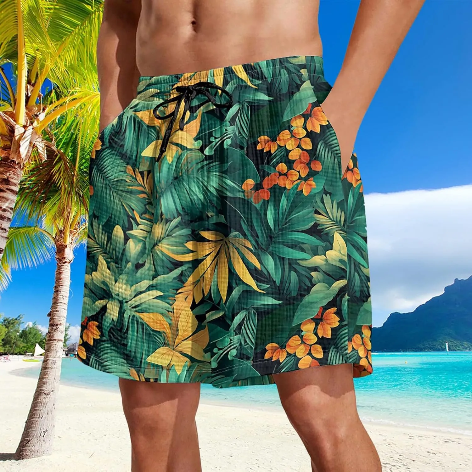 Summer Shorts for Mens Travel Holiday Hawaii Beach Retro Pants Fashion Print Elastic Wasit Loose Fit Pants Plus Size