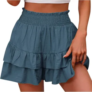 Summer Shorts for Women 2024 Elastic High Waisted Pleated Ruffle Mini Skirts Cute Beach Vacation Flowy Shorts Skorts