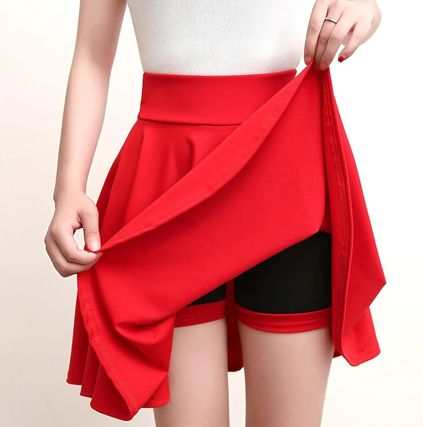 Summer Skirt with Slim Liner Stretchy High Elastic Waist Pleated Tummy Control Mini Shorts Skirts for Women