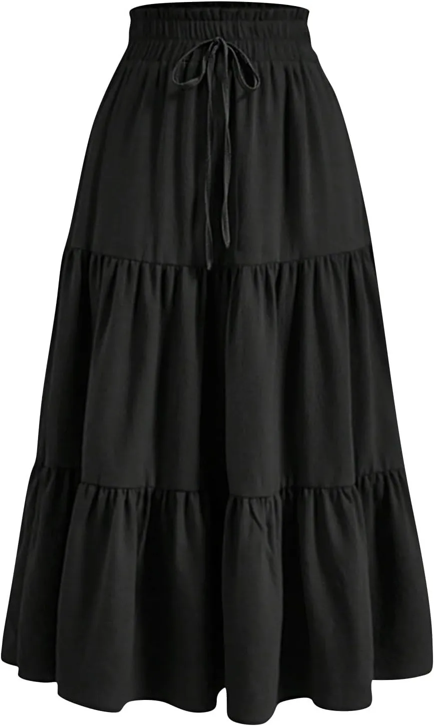 Summer Skirts for Women 2025 Elastic High Waisted Maxi Skirt A Line Floral Skirts Tiered Tie Front Ruffle Hem Skorts