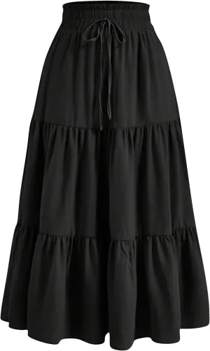 Summer Skirts for Women 2025 Elastic High Waisted Maxi Skirt A Line Floral Skirts Tiered Tie Front Ruffle Hem Skorts
