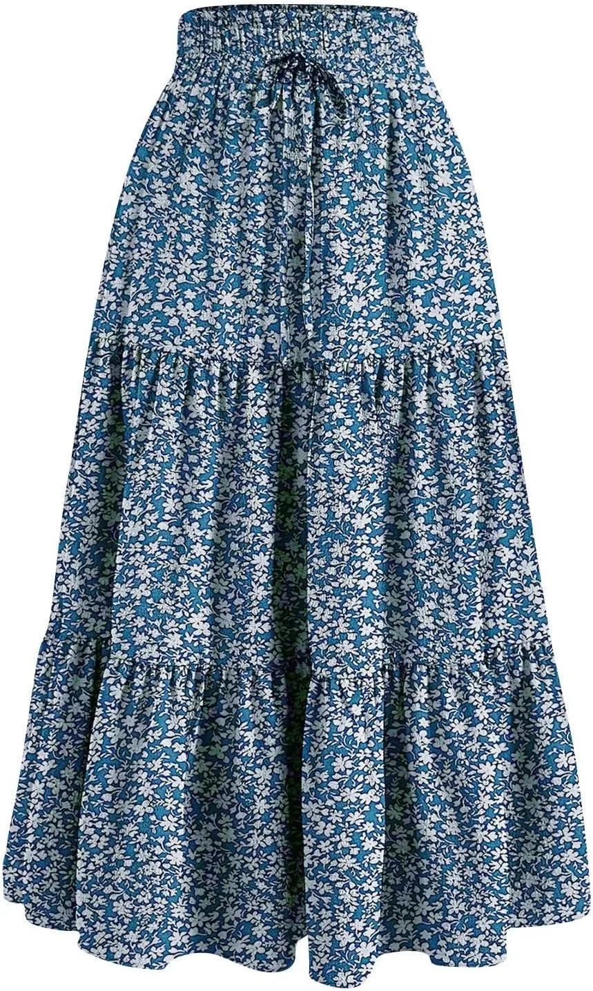 Summer Skirts for Women 2025 Floral Skirts Tiered Maxi Skirt A Line Elastic High Waisted Tie Front Ruffle Hem Skorts