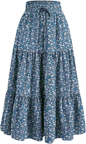 Summer Skirts for Women 2025 Floral Skirts Tiered Maxi Skirt A Line Elastic High Waisted Tie Front Ruffle Hem Skorts