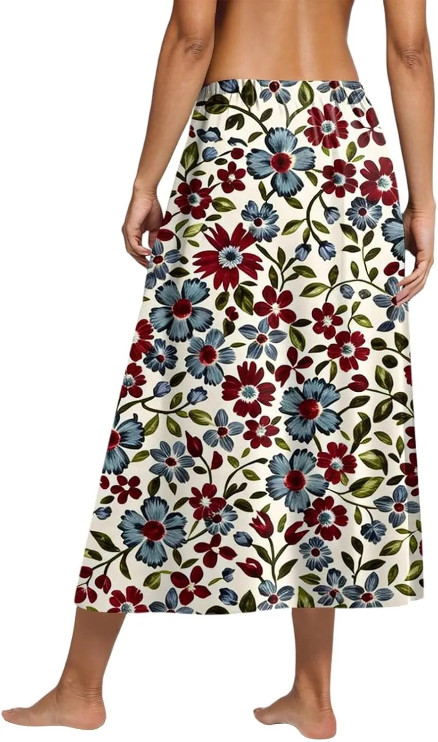 Summer Skirts for Women Fashion Printed Elasticated Pleated Skirts Comfy Casual Skirt with Side Pocket