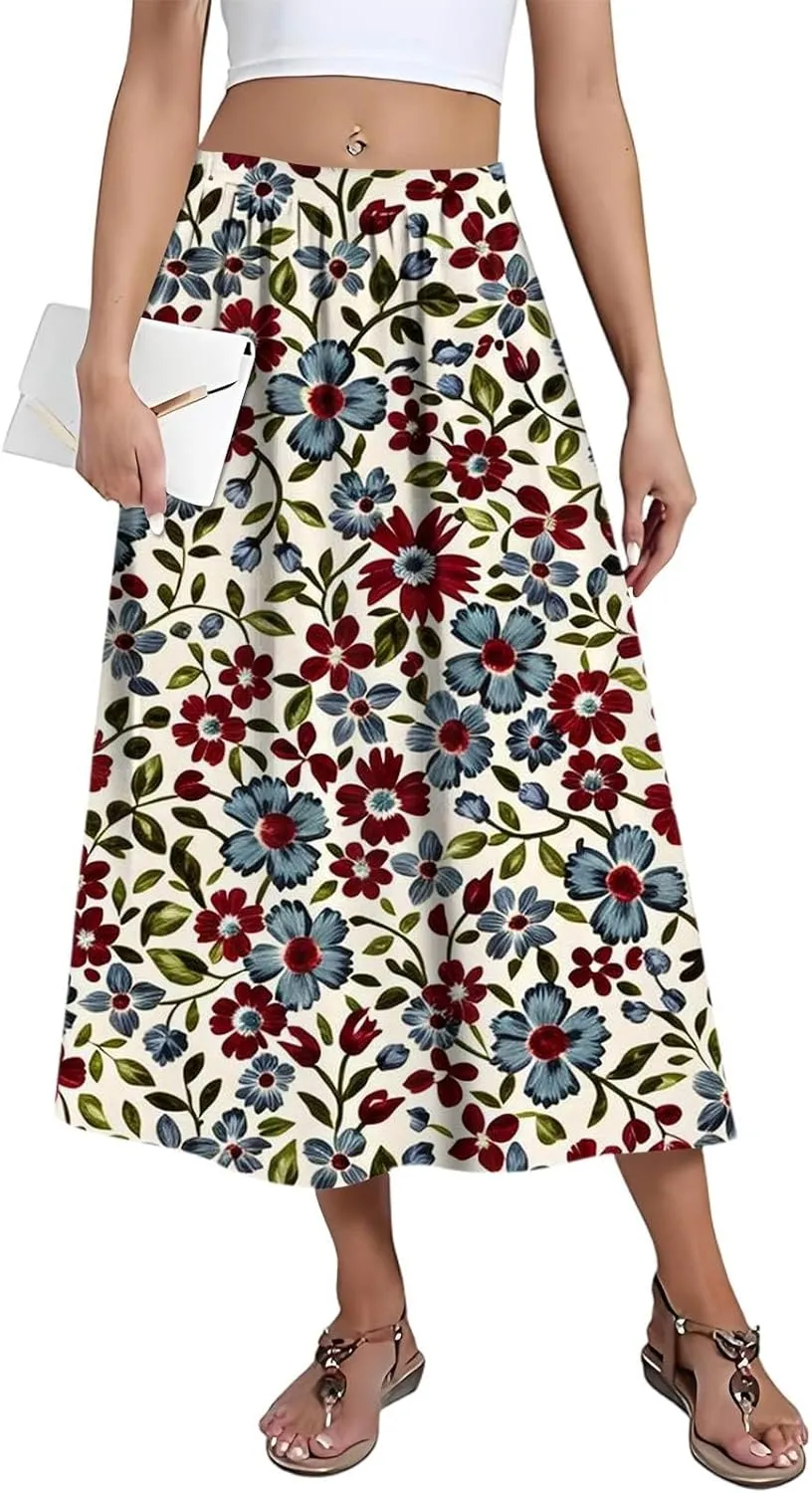 Summer Skirts for Women Fashion Printed Elasticated Pleated Skirts Comfy Casual Skirt with Side Pocket