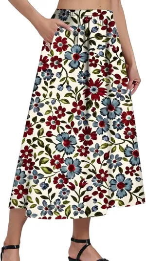 Summer Skirts for Women Fashion Printed Elasticated Pleated Skirts Comfy Casual Skirt with Side Pocket