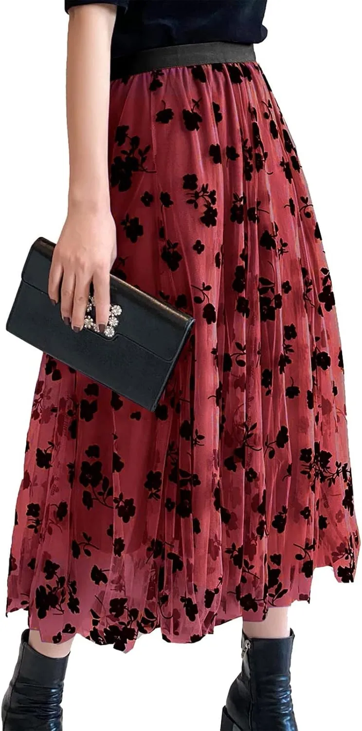 Summer Skirts for Women Trendy Lightweight Floral Sheer High Elastic Waist Loose Boha Long Skirts Vacation Clothes