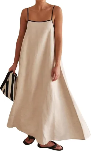 Summer Sundress for Women Contrast Spaghetti Strap Maxi Dresses Sleeveless A Line Beach Dress Casual Vacation Dresses