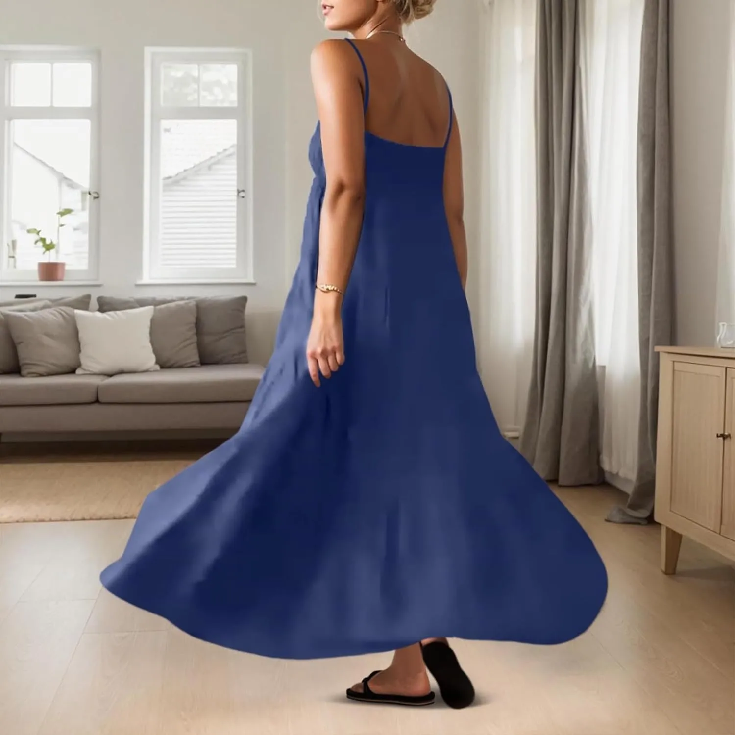 Sundresses for Women Spaghetti Strap Maxi Dresses Loose Fit The Waist Ruffle Dress Summer Beach Casual Dresses 2025