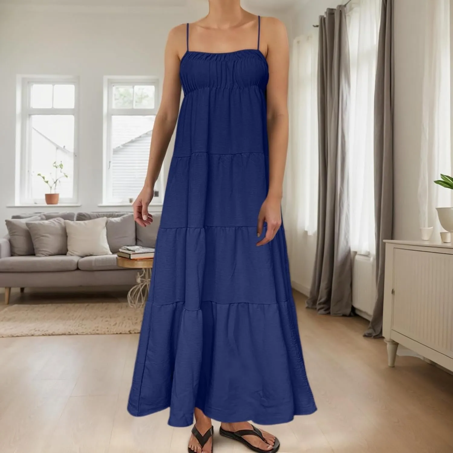 Sundresses for Women Spaghetti Strap Maxi Dresses Loose Fit The Waist Ruffle Dress Summer Beach Casual Dresses 2025