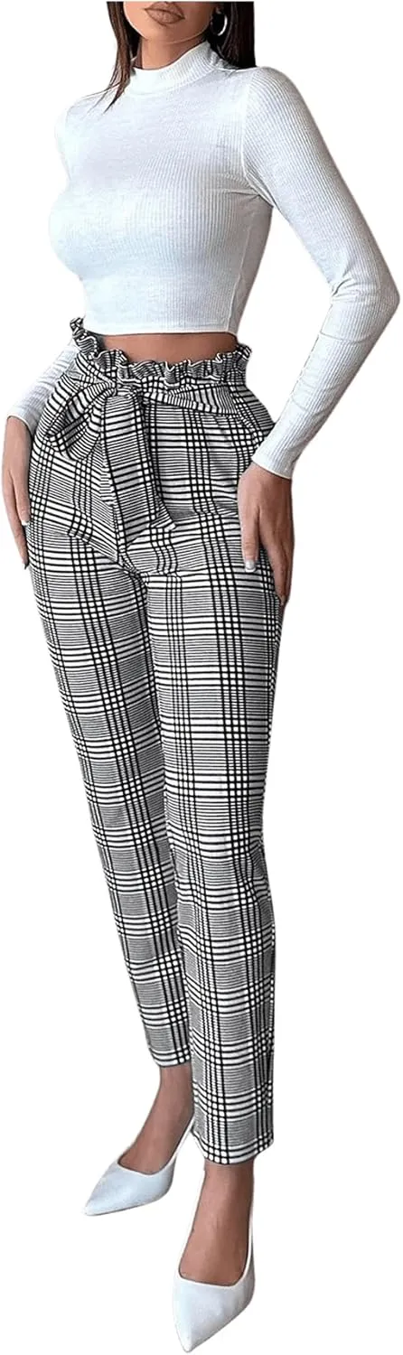 SweatyRocks Women's Plaid Pants Paperbag High Waisted Work Office Long Trousers Dress Pants