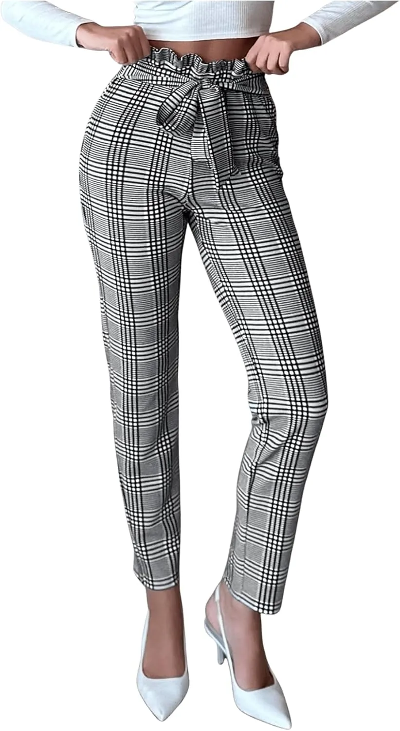 SweatyRocks Women's Plaid Pants Paperbag High Waisted Work Office Long Trousers Dress Pants