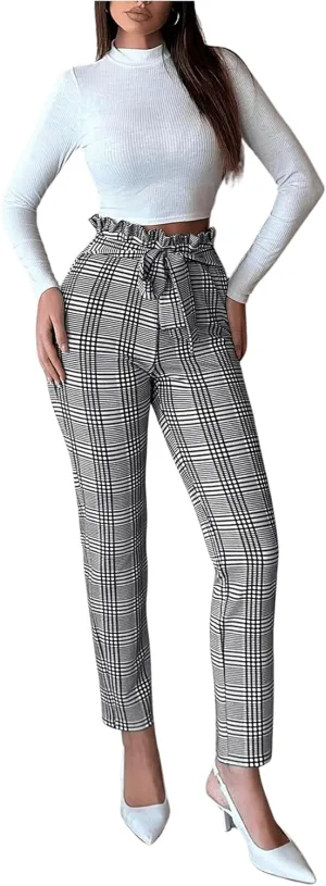 SweatyRocks Women's Plaid Pants Paperbag High Waisted Work Office Long Trousers Dress Pants
