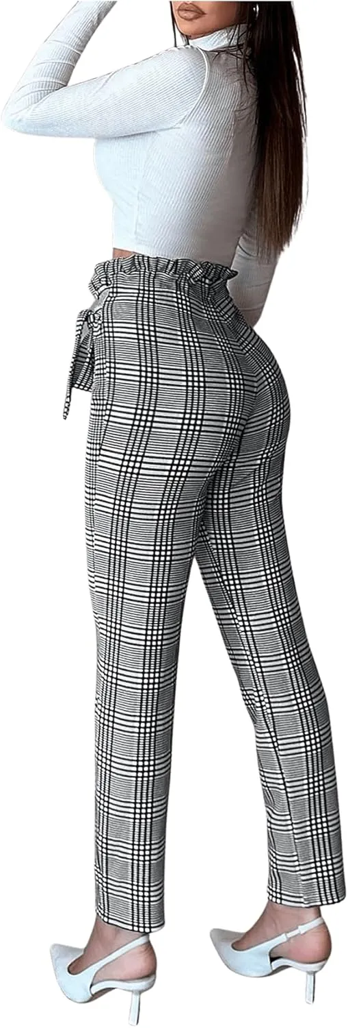 SweatyRocks Women's Plaid Pants Paperbag High Waisted Work Office Long Trousers Dress Pants