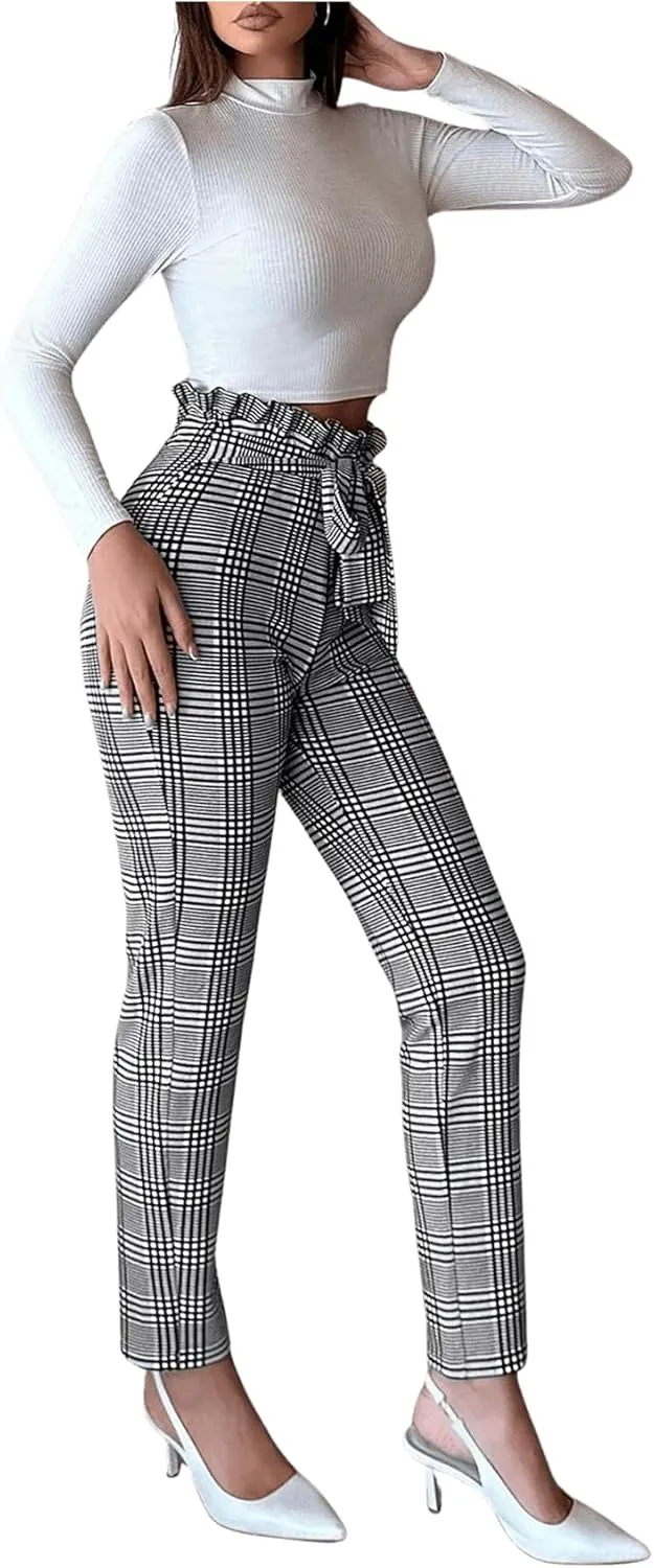 SweatyRocks Women's Plaid Pants Paperbag High Waisted Work Office Long Trousers Dress Pants