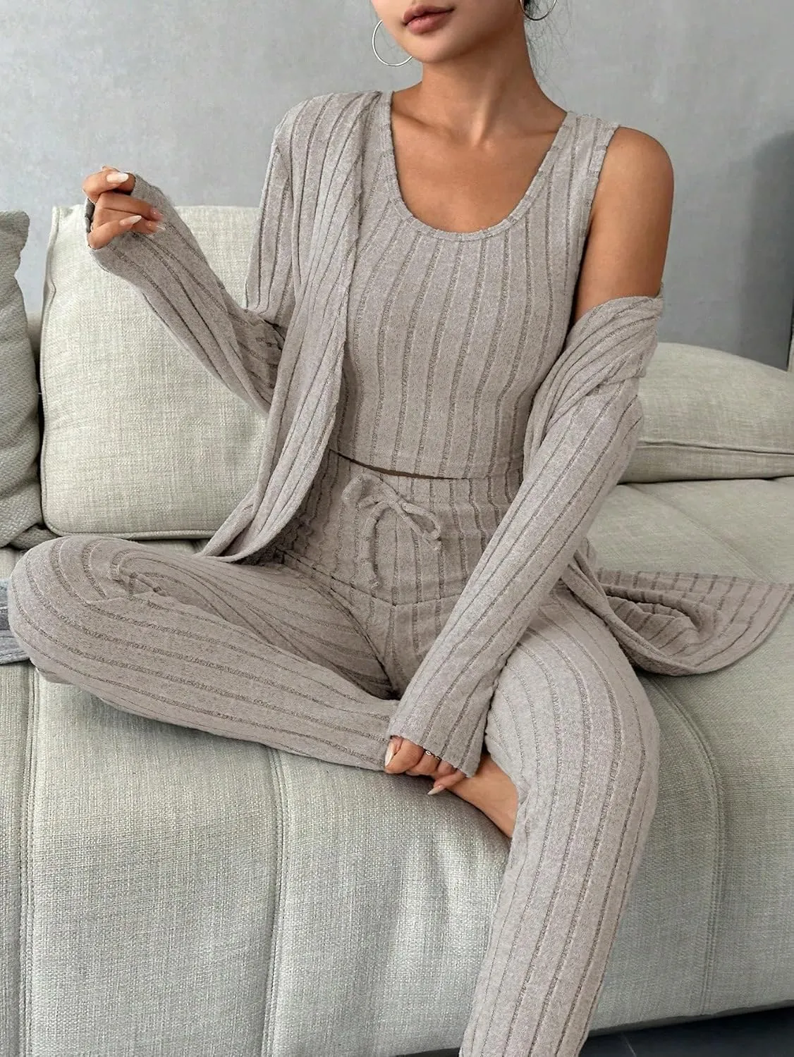 SweatyRocks Women's Ribbed Knit 3 Piece Pajama Set Scoop Neck Tank Top and Long Sleeve Jacket with Pants Loungewear