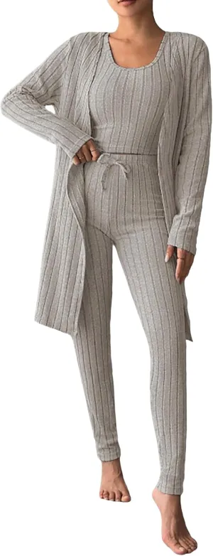 SweatyRocks Women's Ribbed Knit 3 Piece Pajama Set Scoop Neck Tank Top and Long Sleeve Jacket with Pants Loungewear
