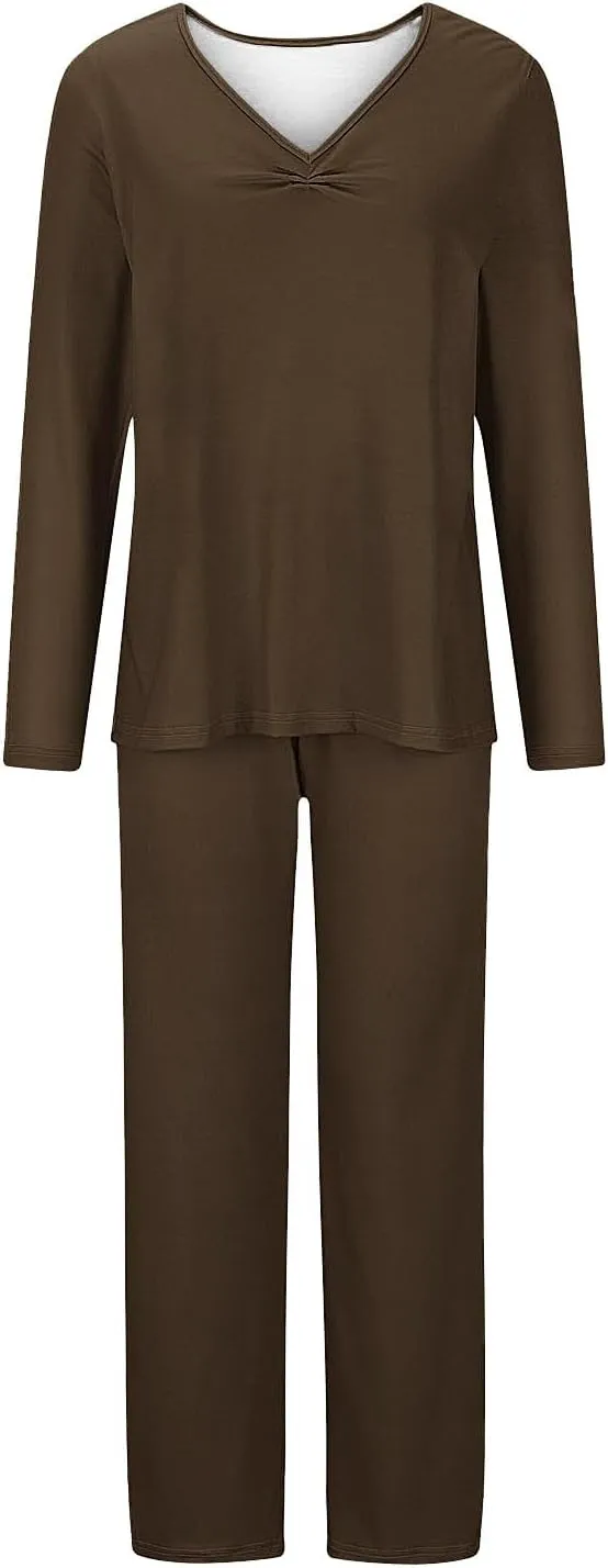 TANGNADE Ladies Pajamas Sets Long Sleeve V Neck Soft Sleepwear Pjs Sets Christmas Vacation Fashion Lounge Nightwear