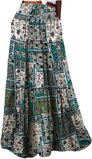 TANGNADE Long Flowy Beach Skirts for Women Summer High Waisted Casual Maxi Skirt Swing Floral Print Pleated Skirts