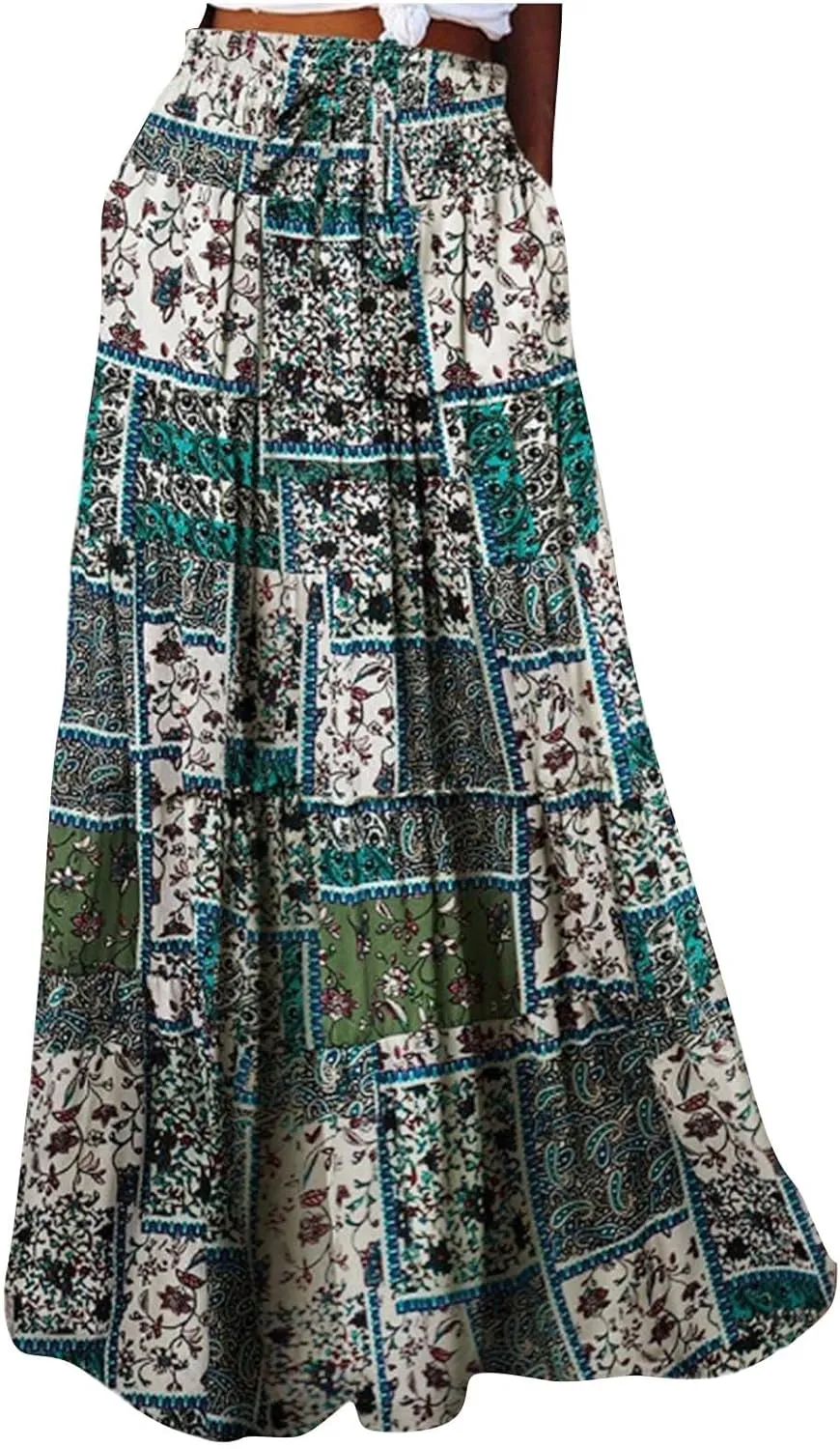TANGNADE Long Flowy Beach Skirts for Women Summer High Waisted Casual Maxi Skirt Swing Floral Print Pleated Skirts