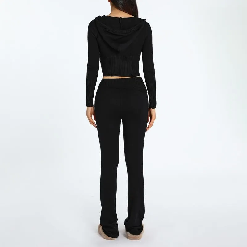Thopavenoir Women Knit 2 Piece Outfits Long Sleeve Zipper Hooded Crop Top High Waist Skinny Pants Set Tracksuit Loungewear
