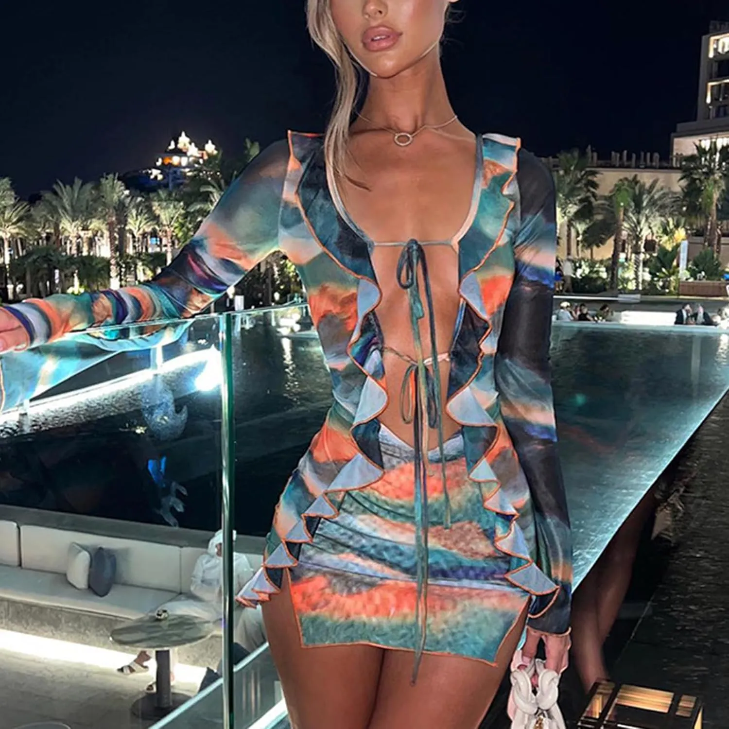 TICIFEN Women's Hollow Out Long Sleeve Bodycon Dress Sheer Mesh Patchwork Mini Dress Cut Out Tie Front Bandage Party Dress