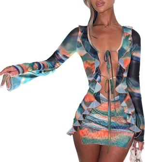 TICIFEN Women's Hollow Out Long Sleeve Bodycon Dress Sheer Mesh Patchwork Mini Dress Cut Out Tie Front Bandage Party Dress