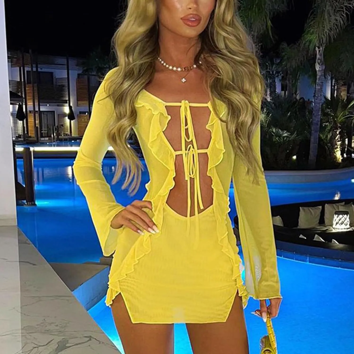 TICIFEN Women's Hollow Out Long Sleeve Bodycon Dress Sheer Mesh Patchwork Mini Dress Cut Out Tie Front Bandage Party Dress