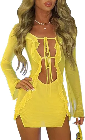 TICIFEN Women's Hollow Out Long Sleeve Bodycon Dress Sheer Mesh Patchwork Mini Dress Cut Out Tie Front Bandage Party Dress