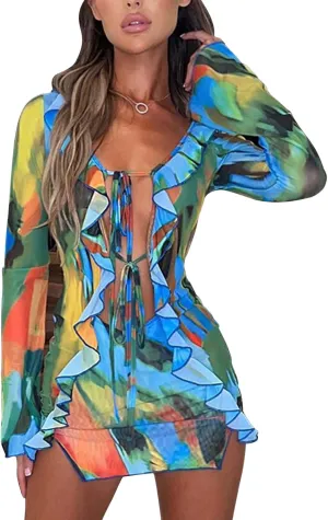 TICIFEN Women's Hollow Out Long Sleeve Bodycon Dress Sheer Mesh Patchwork Mini Dress Cut Out Tie Front Bandage Party Dress