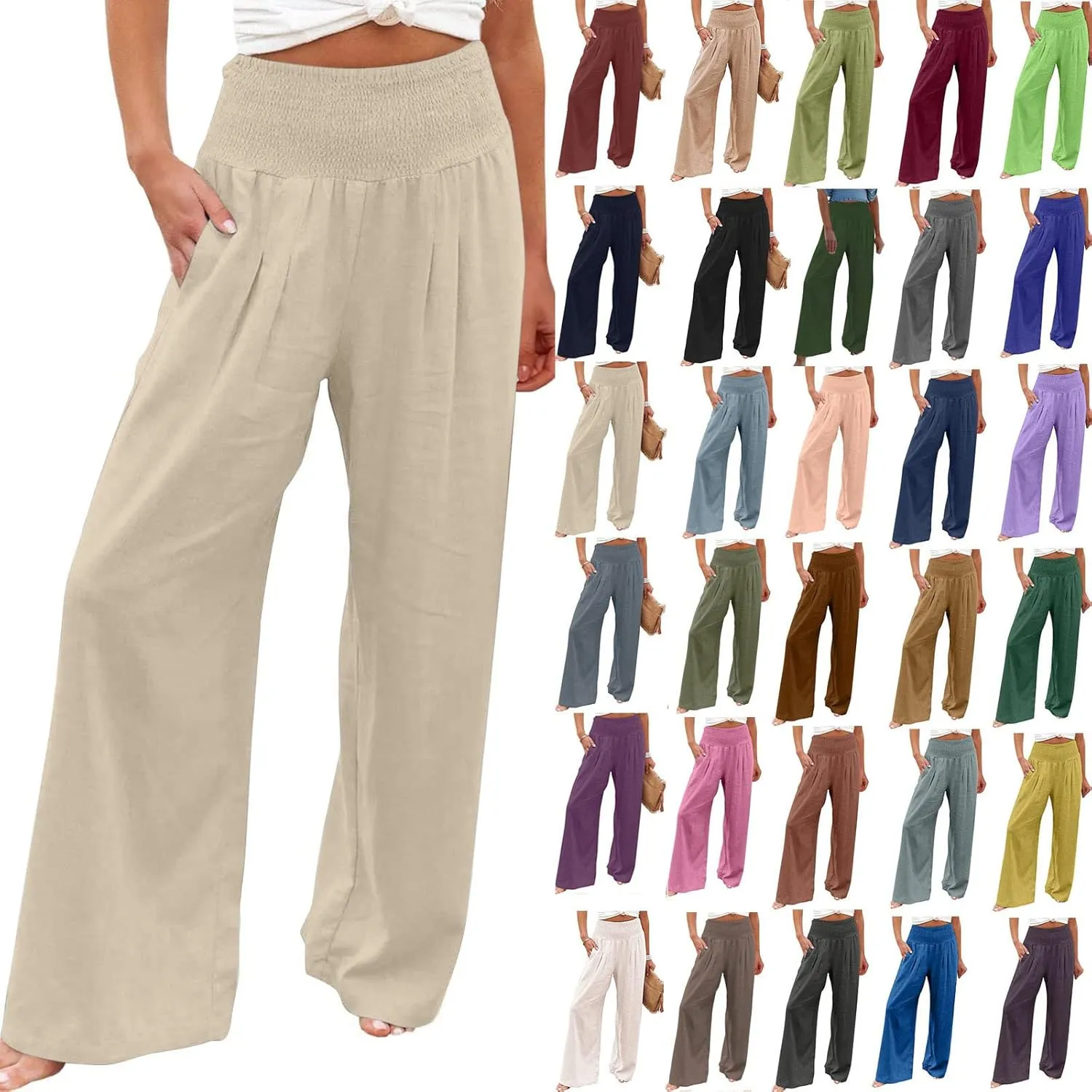 TIMIFIS Womens Cotton Linen Wide Leg Pants Summer High Waisted Palazzo Pants Baggy Long Lounge Pant Trousers with Pocket