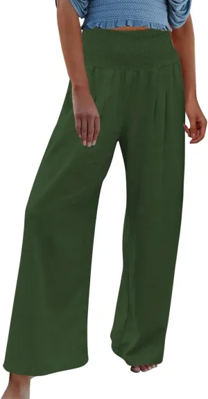 TIMIFIS Womens Cotton Linen Wide Leg Pants Summer High Waisted Palazzo Pants Baggy Long Lounge Pant Trousers with Pocket