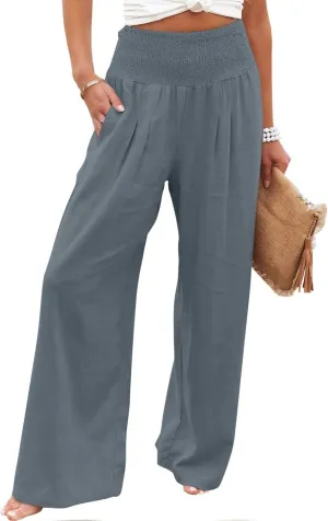 TIMIFIS Womens Cotton Linen Wide Leg Pants Summer High Waisted Palazzo Pants Baggy Long Lounge Pant Trousers with Pocket