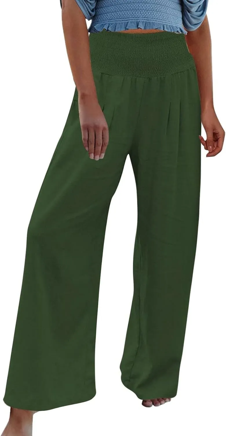 TIMIFIS Womens Cotton Linen Wide Leg Pants Summer High Waisted Palazzo Pants Baggy Long Lounge Pant Trousers with Pocket
