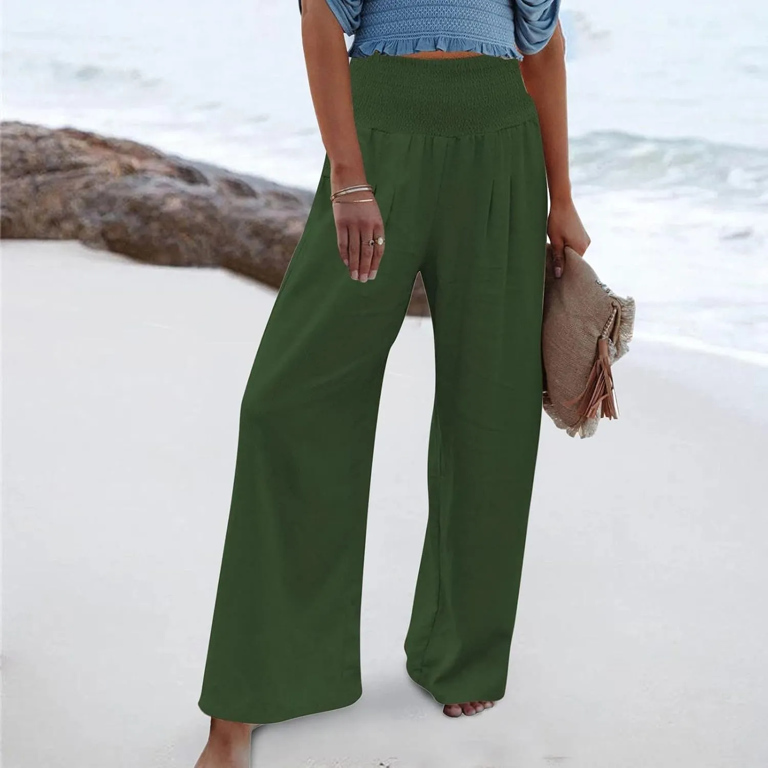 TIMIFIS Womens Cotton Linen Wide Leg Pants Summer High Waisted Palazzo Pants Baggy Long Lounge Pant Trousers with Pocket