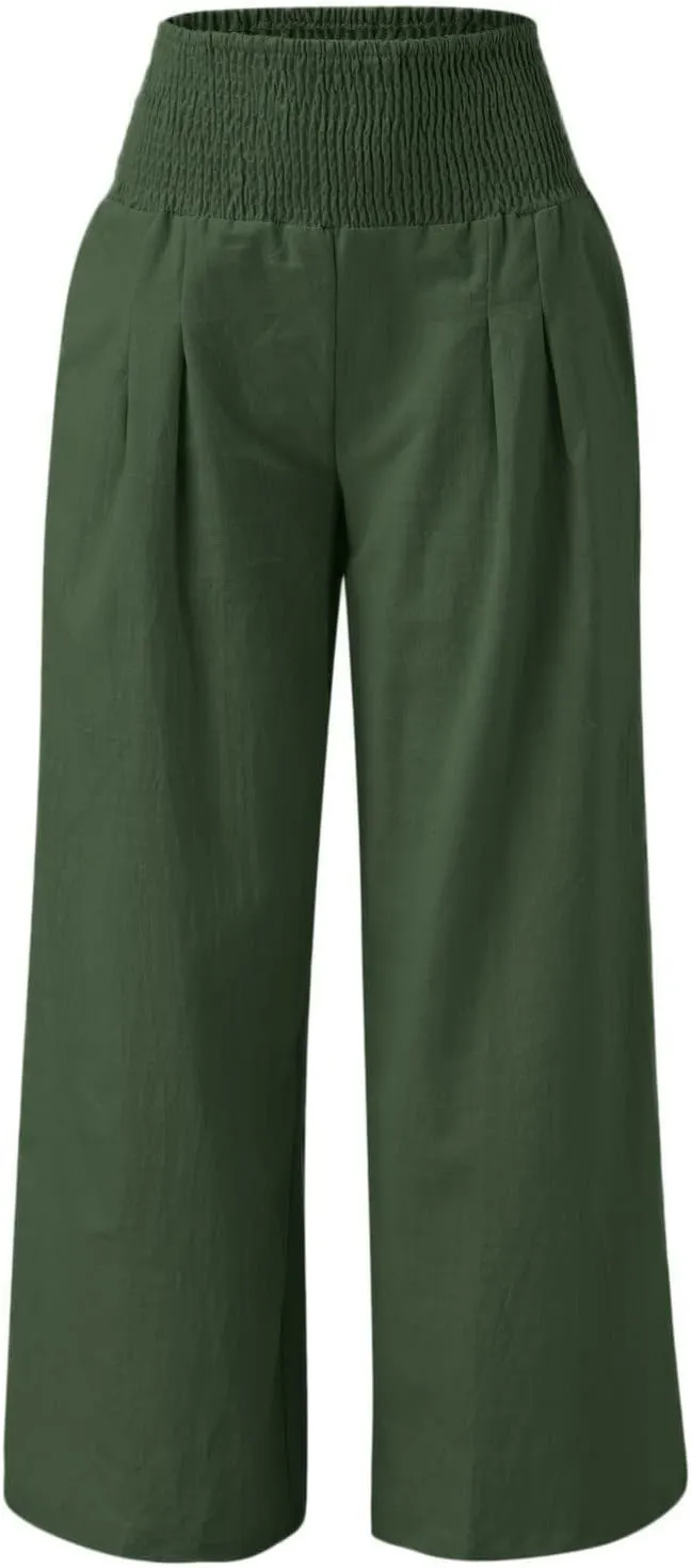 TIMIFIS Womens Cotton Linen Wide Leg Pants Summer High Waisted Palazzo Pants Baggy Long Lounge Pant Trousers with Pocket