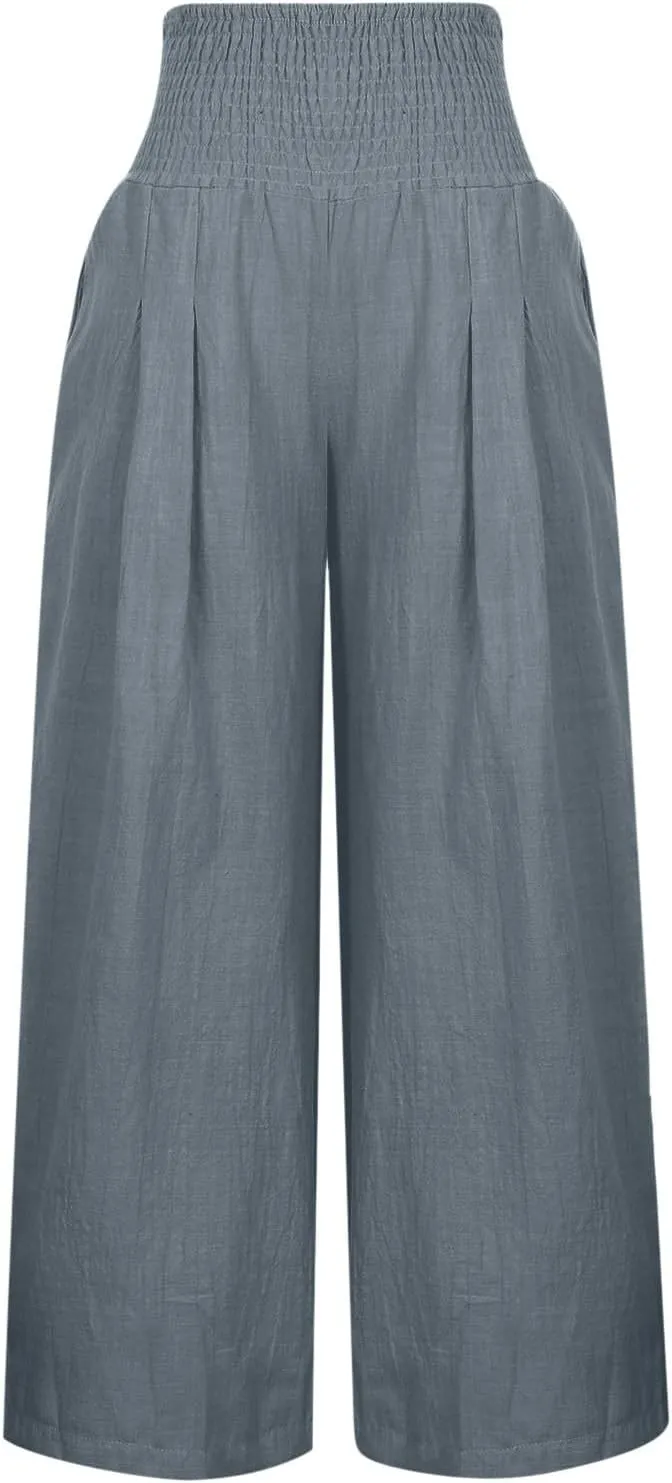 TIMIFIS Womens Cotton Linen Wide Leg Pants Summer High Waisted Palazzo Pants Baggy Long Lounge Pant Trousers with Pocket